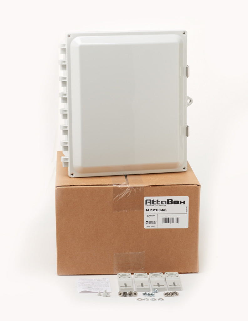 AttaBox Heartland series enclosure, NEMA 1/3R/4/4X/12, 12 x 10 x 6in (HxWxD), wall mount, polycarbonate, Pantone 7541 C light gray, single-door, stainless steel quick-release latch.-AH12106SS