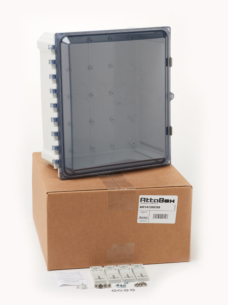 AttaBox Heartland series enclosure, NEMA 1/3R/4/4X/12, 14 x 12 x 6in (HxWxD), wall mount, polycarbonate, Pantone 7541 C light gray, smoked polycarbonate single-door, stainless steel quick-release latch.-AH14126CSS