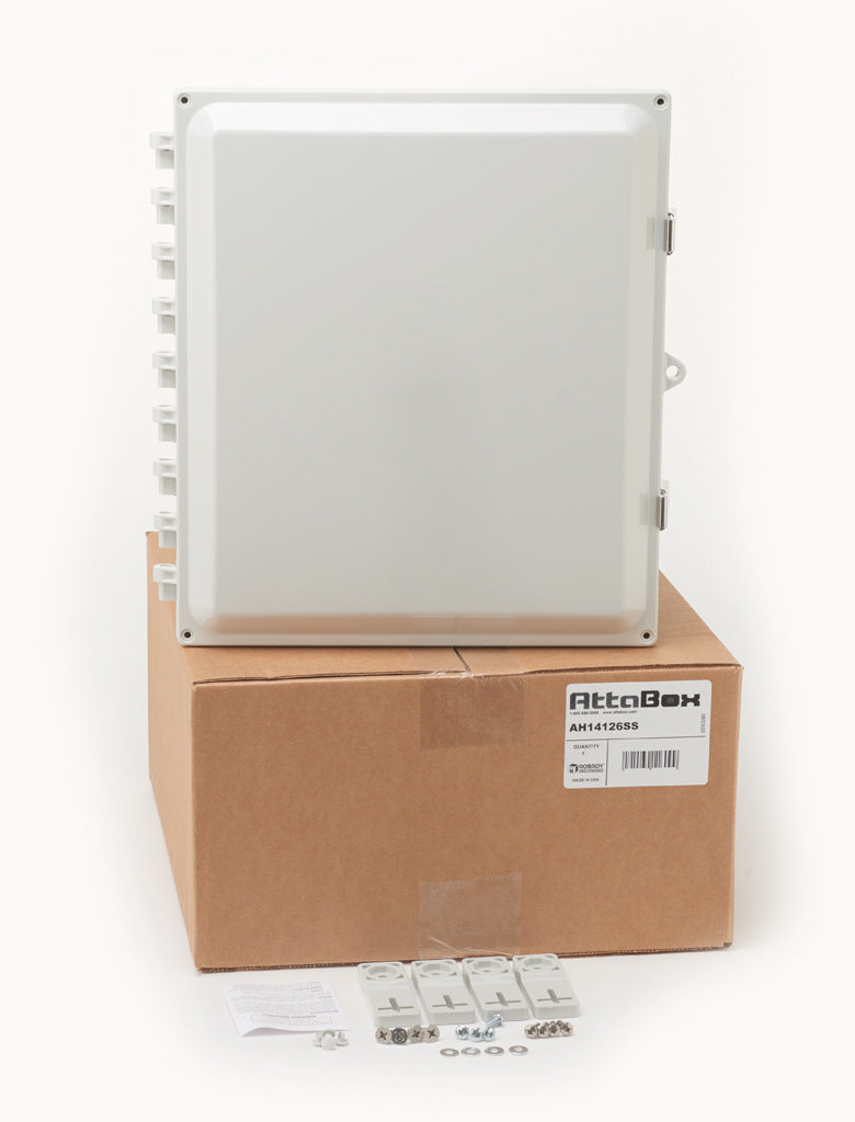 AttaBox Heartland series enclosure, NEMA 1/3R/4/4X/12, 14 x 12 x 6in (HxWxD), wall mount, polycarbonate, Pantone 7541 C light gray, single-door, stainless steel quick-release latch.-AH14126SS