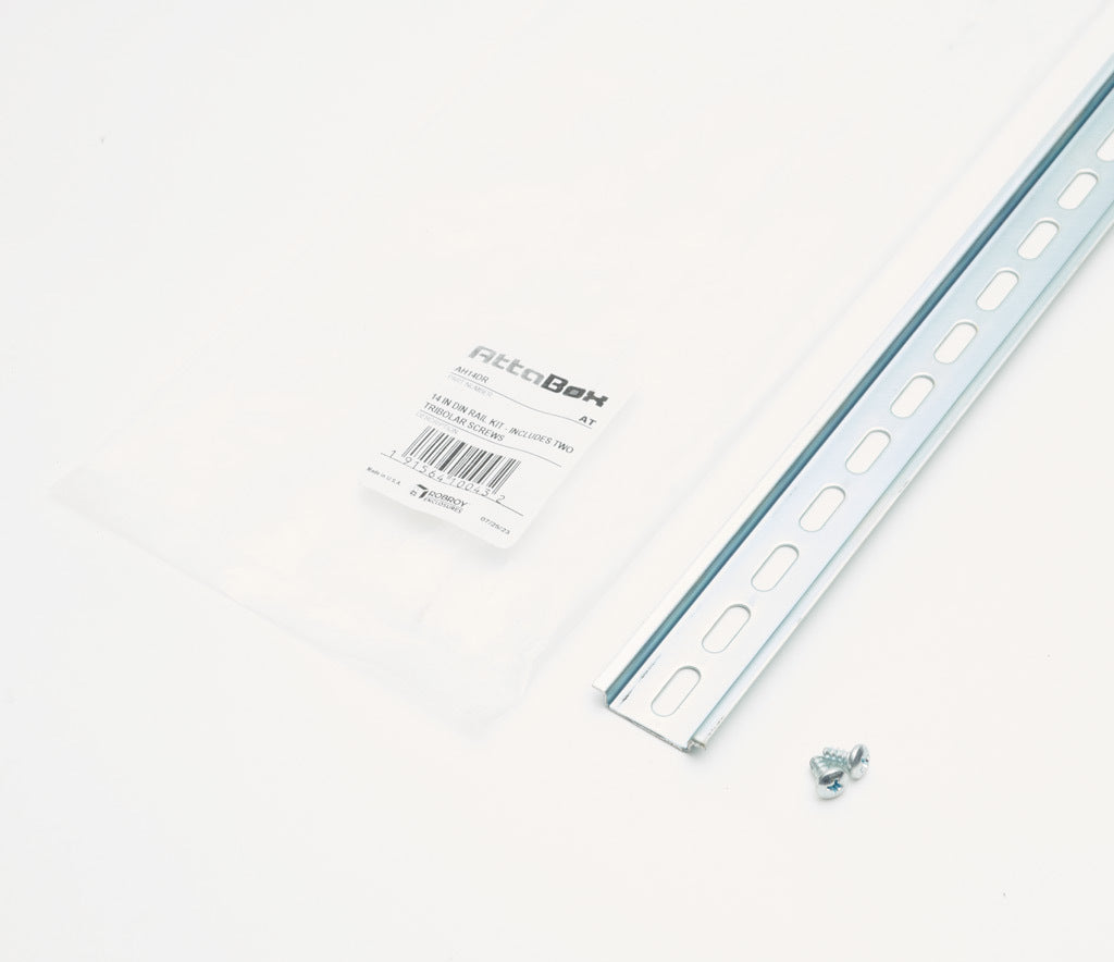AttaBox DIN rail, slotted, 35mm width, 7mm height, 12.8in length, plated steel. For use with AHxx1412xxxx and AHxx1614xxxx Heartland series enclosures.-AH14DR