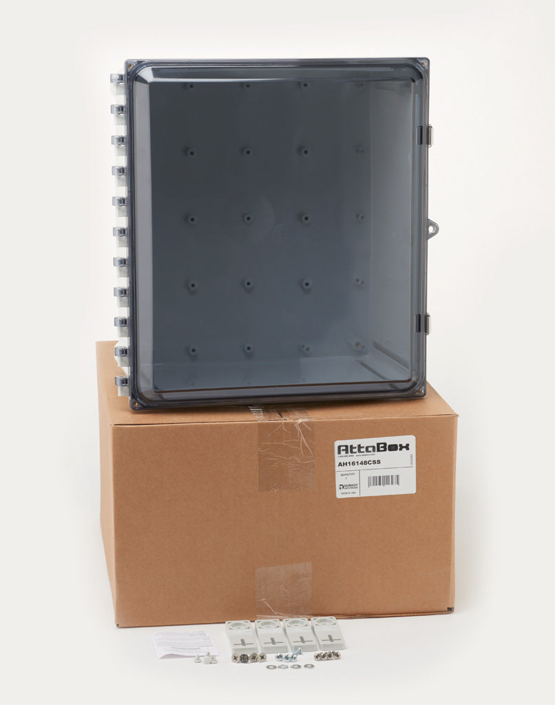 AttaBox Heartland series enclosure, NEMA 1/3R/4/4X/12, 16 x 14 x 8in (HxWxD), wall mount, polycarbonate, Pantone 7541 C light gray, smoked polycarbonate single-door, stainless steel quick-release latch.-AH16148CSS