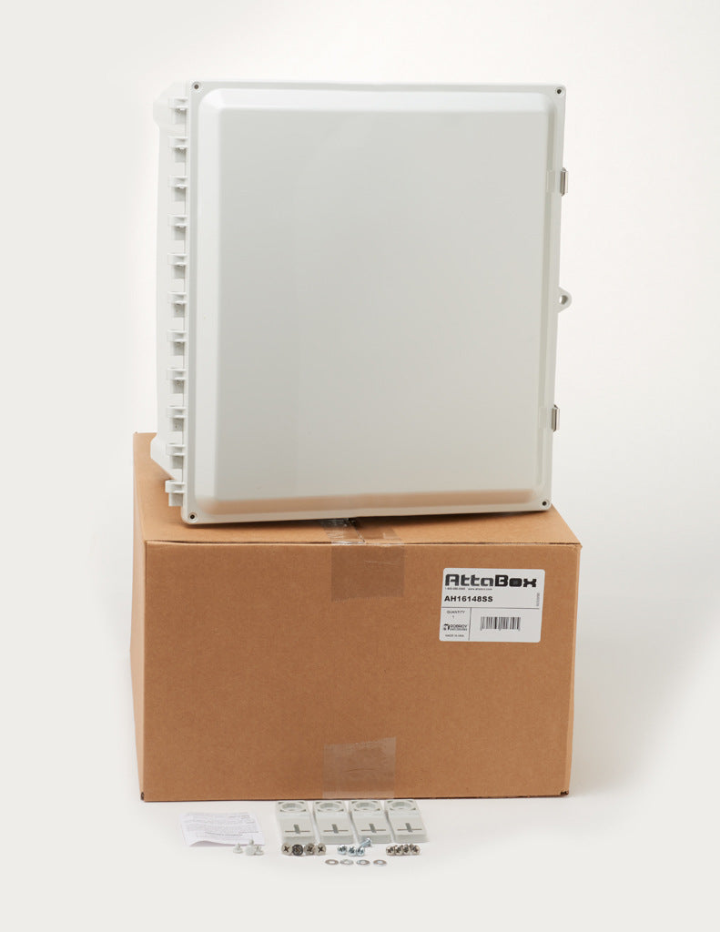 AttaBox Heartland series enclosure, NEMA 1/3R/4/4X/12, 16 x 14 x 8in (HxWxD), wall mount, polycarbonate, Pantone 7541 C light gray, single-door, stainless steel quick-release latch.-AH16148SS