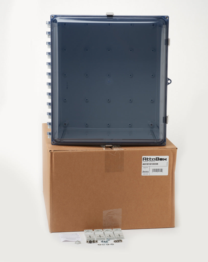 AttaBox Heartland series enclosure, NEMA 1/3R/4/4X/12, 18 x 16 x 10in (HxWxD), wall mount, polycarbonate, Pantone 7541 C light gray, smoked polycarbonate single-door, stainless steel quick-release latch.-AH181610CSS