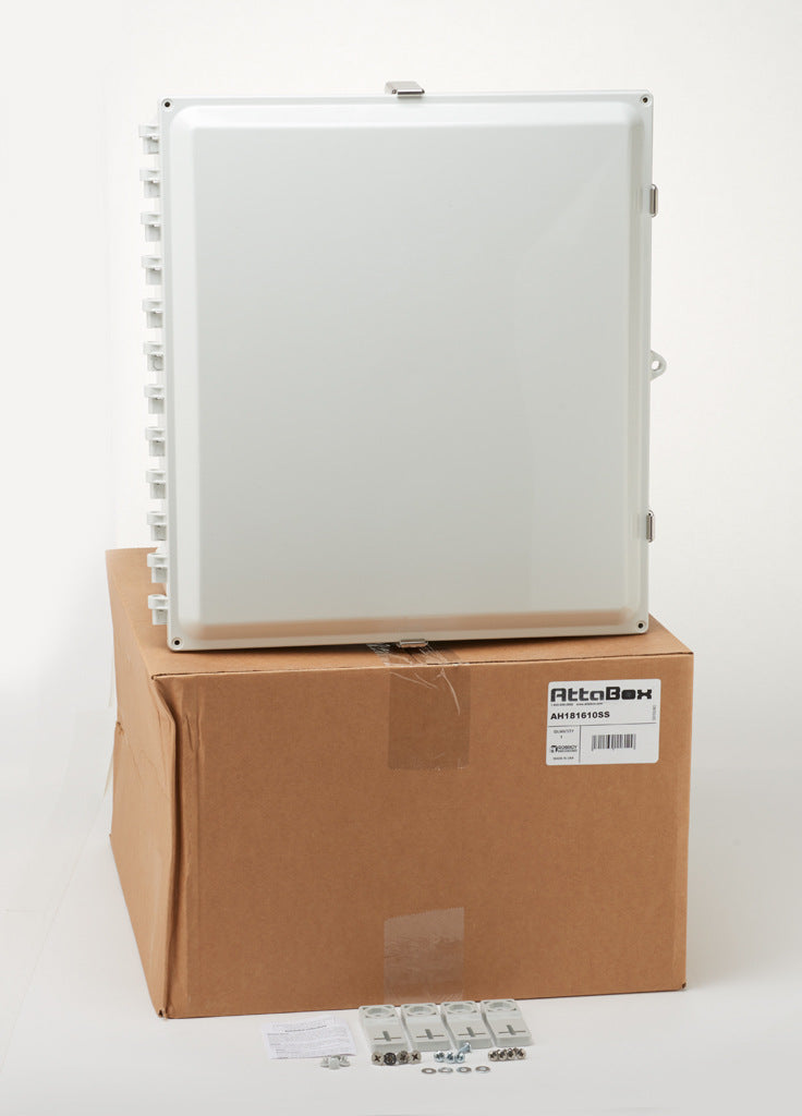 AttaBox Heartland series enclosure, NEMA 1/3R/4/4X/12, 18 x 16 x 10in (HxWxD), wall mount, polycarbonate, Pantone 7541 C light gray, single-door, stainless steel quick-release latch.-AH181610SS