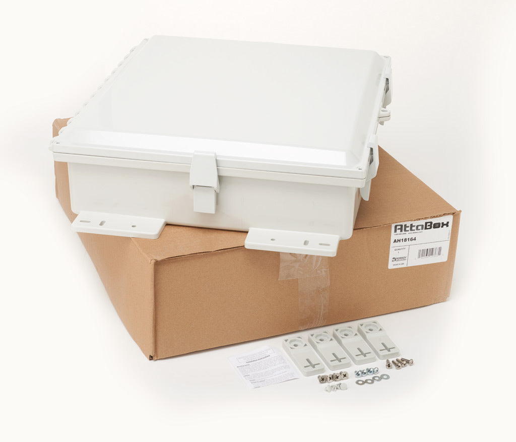 AttaBox Heartland SL series enclosure, NEMA 1/3R/4/4X/12, 18 x 16 x 4in (HxWxD), wall mount, polycarbonate, Pantone 7541 C light gray, single-door, polycarbonate quick-release latch.-AH18164