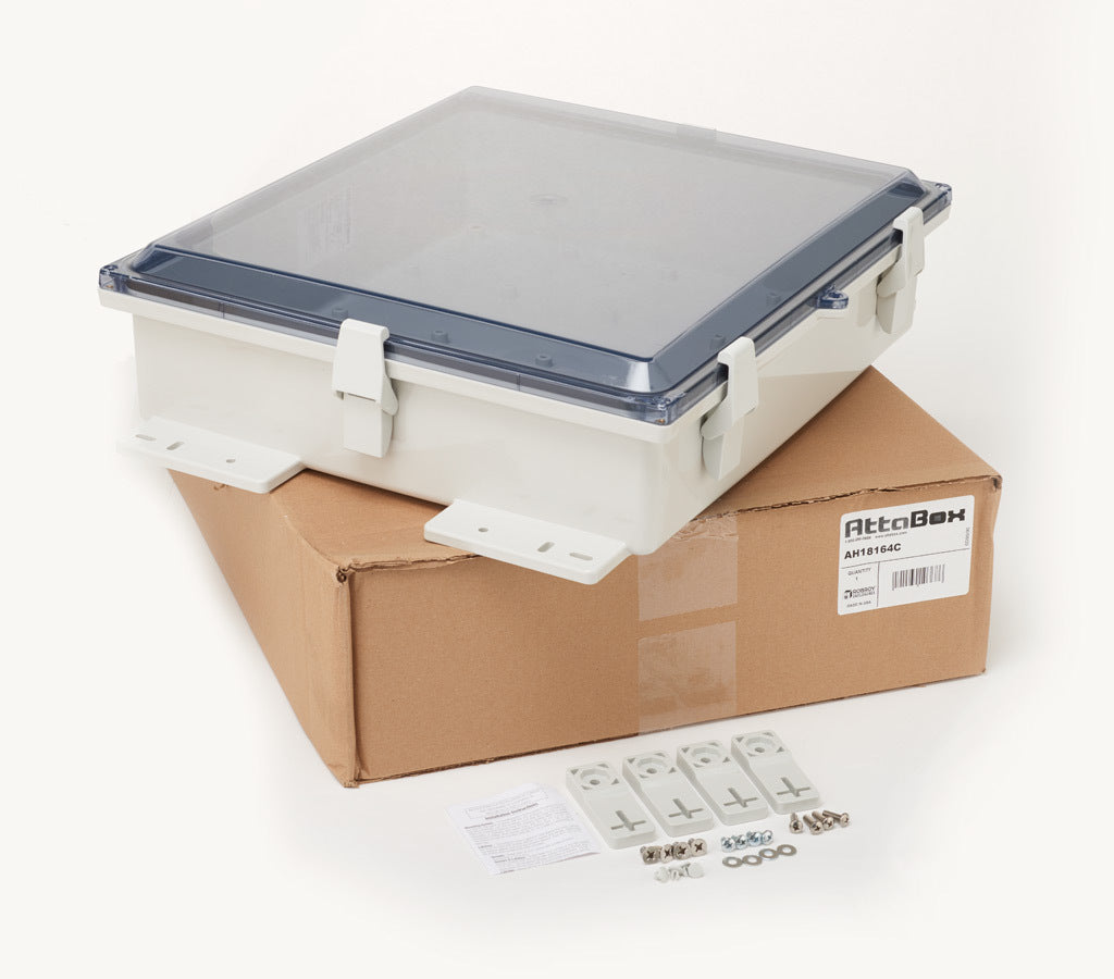 AttaBox Heartland SL series enclosure, NEMA 1/3R/4/4X/12, 18 x 16 x 4in (HxWxD), wall mount, polycarbonate, Pantone 7541 C light gray, smoked polycarbonate single-door, polycarbonate quick-release latch.-AH18164C