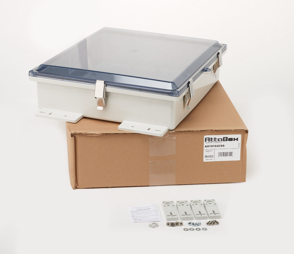 AttaBox Heartland SL series enclosure, NEMA 1/3R/4/4X/12, 18 x 16 x 4in (HxWxD), wall mount, polycarbonate, Pantone 7541 C light gray, smoked polycarbonate single-door, stainless steel quick-release latch.-AH18164CSS