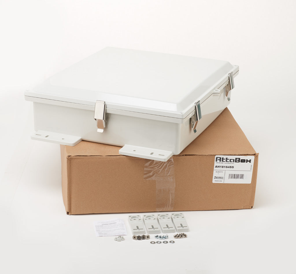 AttaBox Heartland SL series enclosure, NEMA 1/3R/4/4X/12, 18 x 16 x 4in (HxWxD), wall mount, polycarbonate, Pantone 7541 C light gray, single-door, stainless steel quick-release latch.-AH18164SS