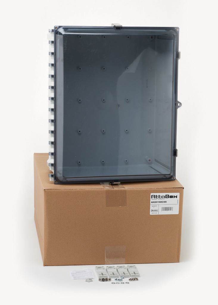 AttaBox Heartland series enclosure, NEMA 1/3R/4/4X/12, 20 x 16 x 8in (HxWxD), wall mount, polycarbonate, Pantone 7541 C light gray, smoked polycarbonate single-door, stainless steel quick-release latch.-AH20168CSS