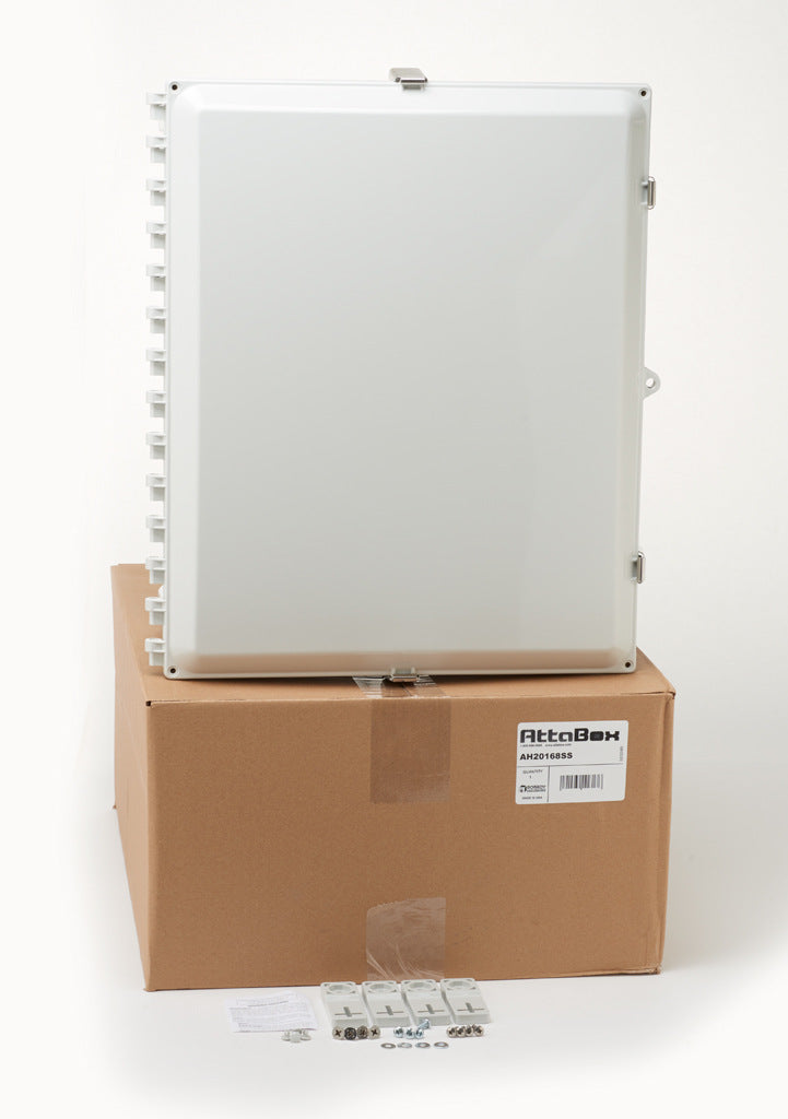 AttaBox Heartland series enclosure, NEMA 1/3R/4/4X/12, 20 x 16 x 8in (HxWxD), wall mount, polycarbonate, Pantone 7541 C light gray, single-door, stainless steel quick-release latch.-AH20168SS