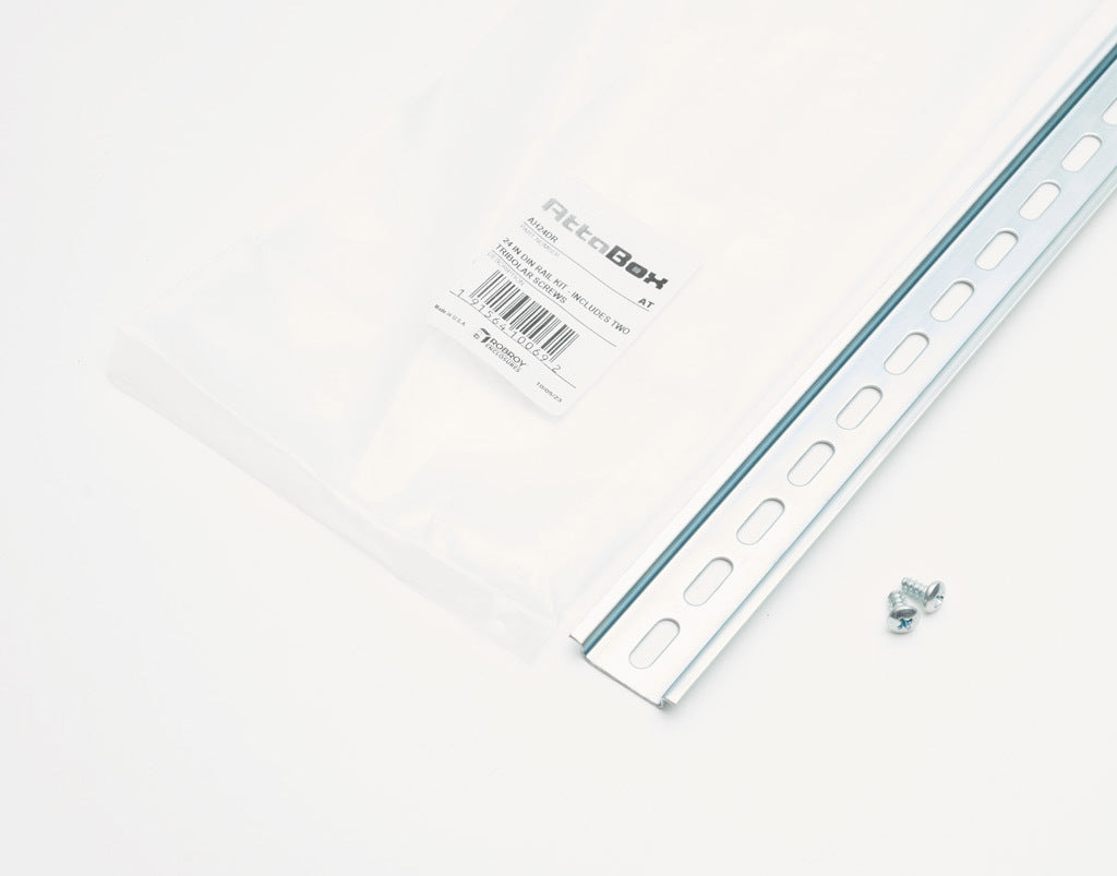 AttaBox DIN rail, slotted, 35mm width, 7mm height, 22.5in length, plated steel. For use with AHxx2424xxxx Heartland series enclosures.-AH24DR