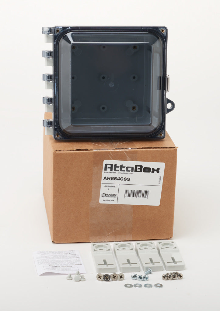 AttaBox Heartland series enclosure, NEMA 1/3R/4/4X/12, 6 x 6 x 4in (HxWxD), wall mount, polycarbonate, Pantone 7541 C light gray, smoked polycarbonate single-door, stainless steel quick-release latch.-AH664CSS