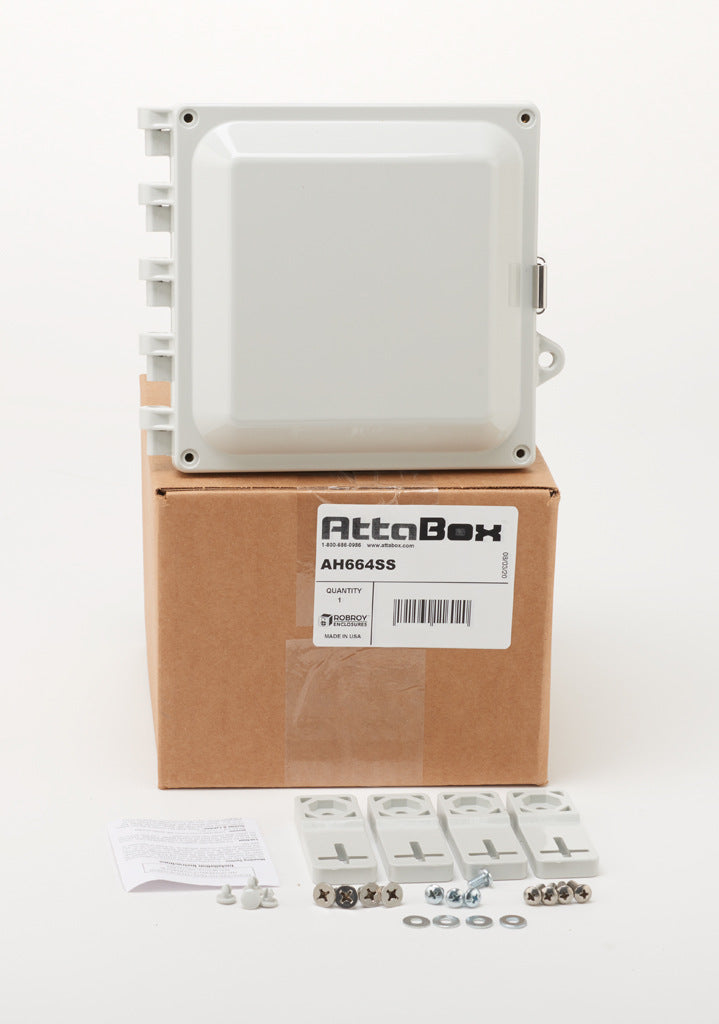 AttaBox Heartland series enclosure, NEMA 1/3R/4/4X/12, 6 x 6 x 4in (HxWxD), wall mount, polycarbonate, Pantone 7541 C light gray, single-door, stainless steel quick-release latch.-AH664SS