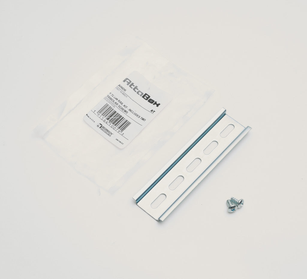 AttaBox DIN rail, slotted, 35mm width, 7mm height, 4.9in length, plated steel. For use with AHx664xxx and AHx864xxx Heartland series enclosures.-AH6DR