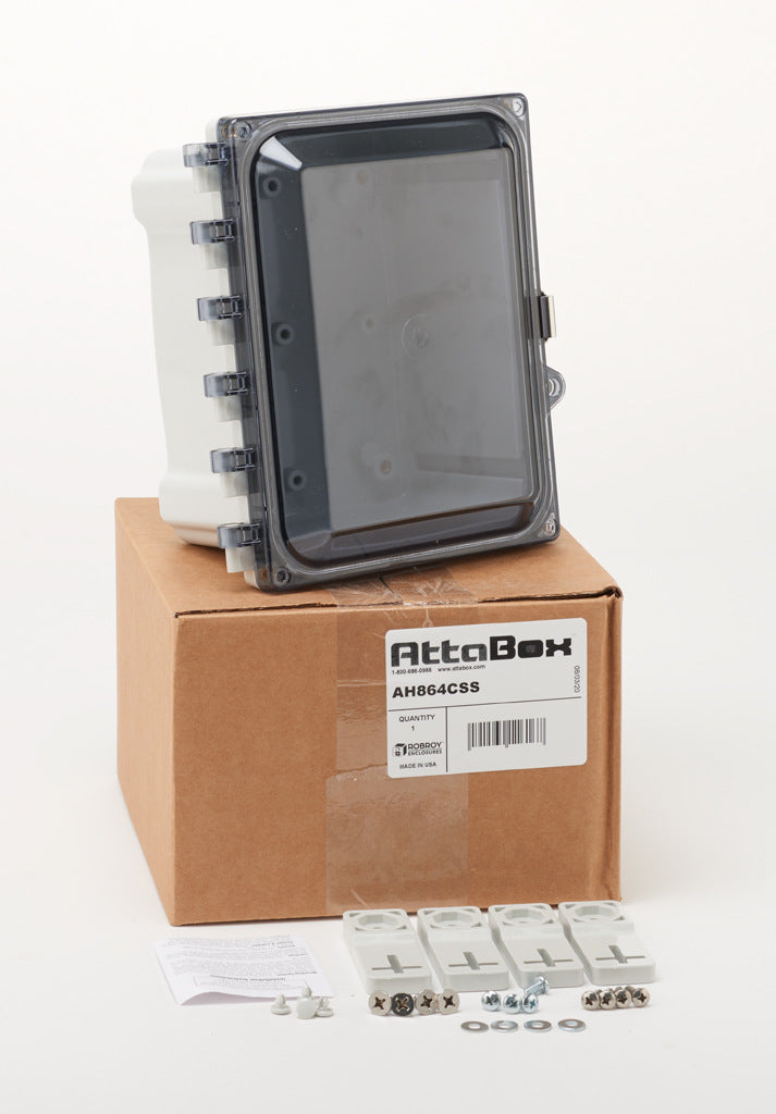 AttaBox Heartland series enclosure, NEMA 1/3R/4/4X/12, 8 x 6 x 4in (HxWxD), wall mount, polycarbonate, Pantone 7541 C light gray, smoked polycarbonate single-door, stainless steel quick-release latch.-AH864CSS