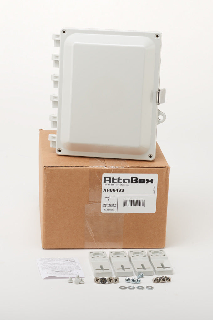 AttaBox Heartland series enclosure, NEMA 1/3R/4/4X/12, 8 x 6 x 4in (HxWxD), wall mount, polycarbonate, Pantone 7541 C light gray, single-door, stainless steel quick-release latch.-AH864SS