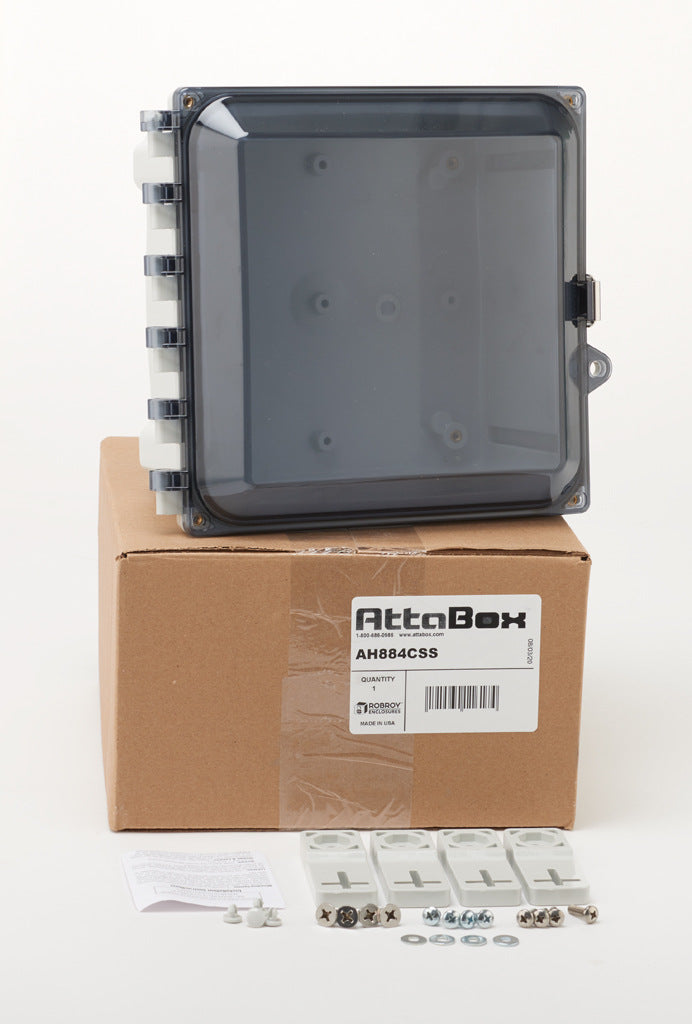 AttaBox Heartland series enclosure, NEMA 1/3R/4/4X/12, 8 x 8 x 4in (HxWxD), wall mount, polycarbonate, Pantone 7541 C light gray, smoked polycarbonate single-door, stainless steel quick-release latch.-AH884CSS