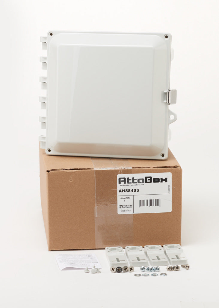 AttaBox Heartland series enclosure, NEMA 1/3R/4/4X/12, 8 x 8 x 4in (HxWxD), wall mount, polycarbonate, Pantone 7541 C light gray, single-door, stainless steel quick-release latch.-AH884SS