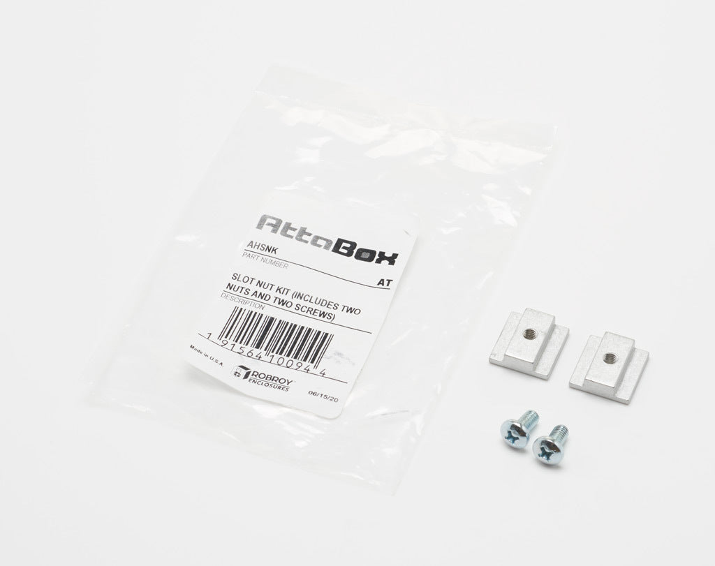 AttaBox slot nut kit, #10-32 UNF x 0.375in, Phillips pan head, zinc plated steel. Package of 2. For use with Heartland series enclosures. Includes screw and galvanized steel slot nut.-AHSNK
