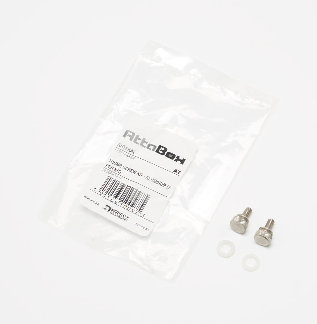 AttaBox thumb screw, replacement, #10-32 UNF x 0.375in, aluminum. Package of 2. For use with Heartland series enclosures. Nylon washer included.-AHTSKAL