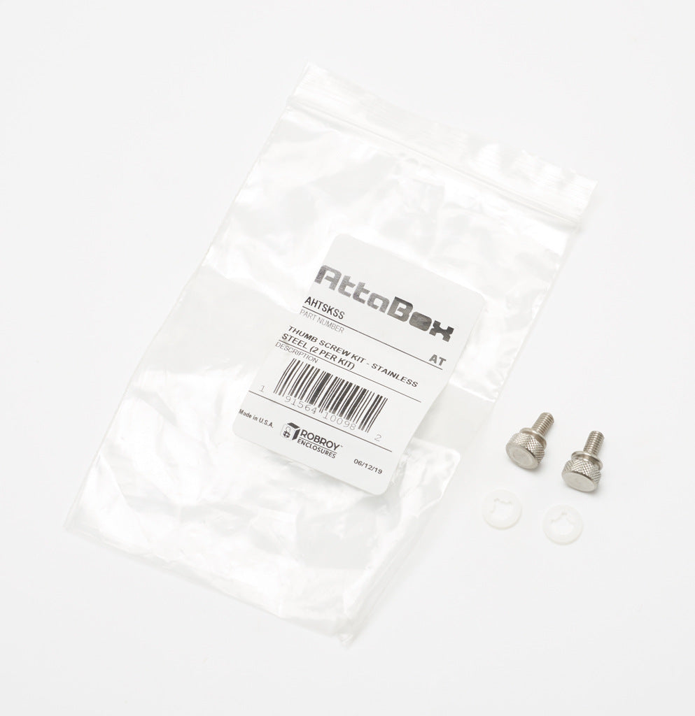 AttaBox thumb screw, replacement, #10-32 UNF x 0.375in, stainless steel. Package of 2. For use with Heartland series enclosures. Nylon washer included.-AHTSKSS
