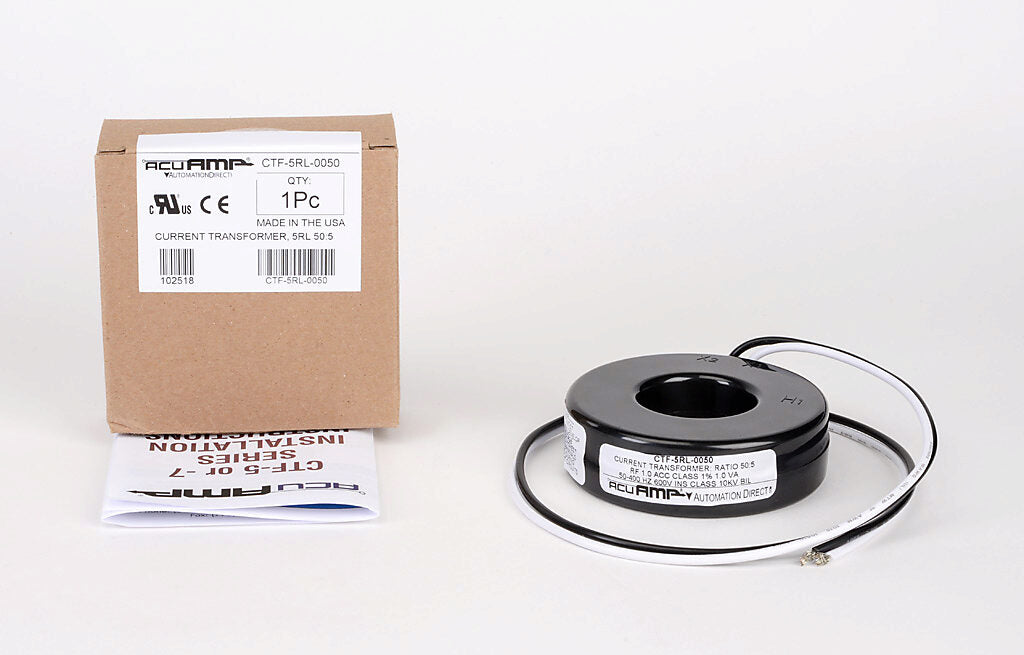 AcuAMP AC current transformer, solid core, 50A primary, 5A secondary, 1.56in diameter sensing window, 2% accuracy, (2) 24in 16AWG lead wires.-CTF-5RL-0050