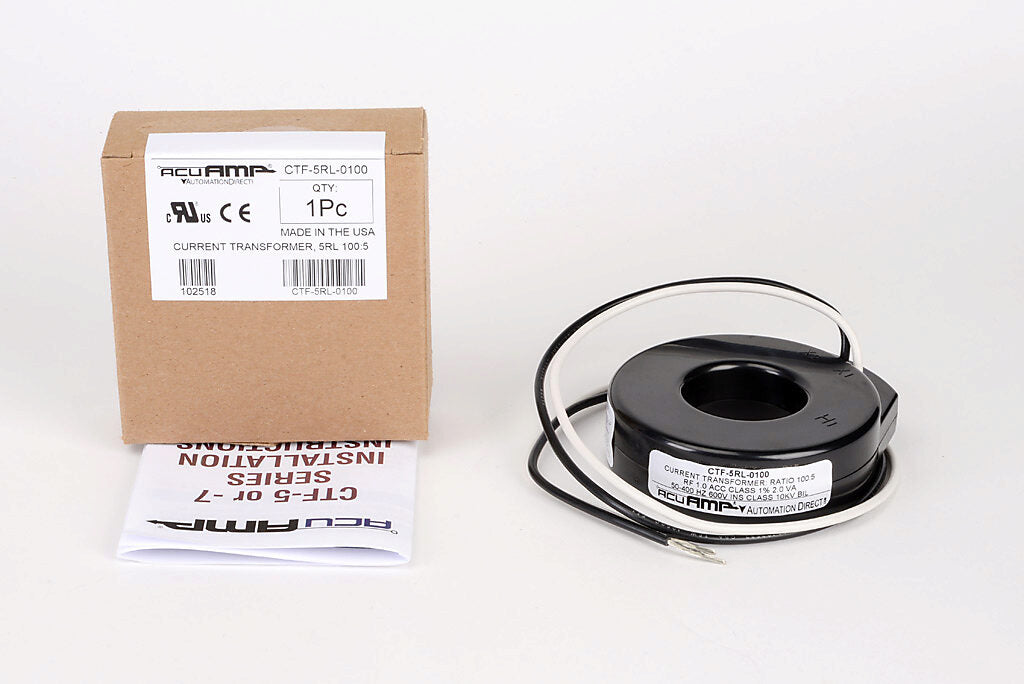 AcuAMP AC current transformer, solid core, 100A primary, 5A secondary, 1.56in diameter sensing window, 2% accuracy, (2) 24in 16AWG lead wires.-CTF-5RL-0100