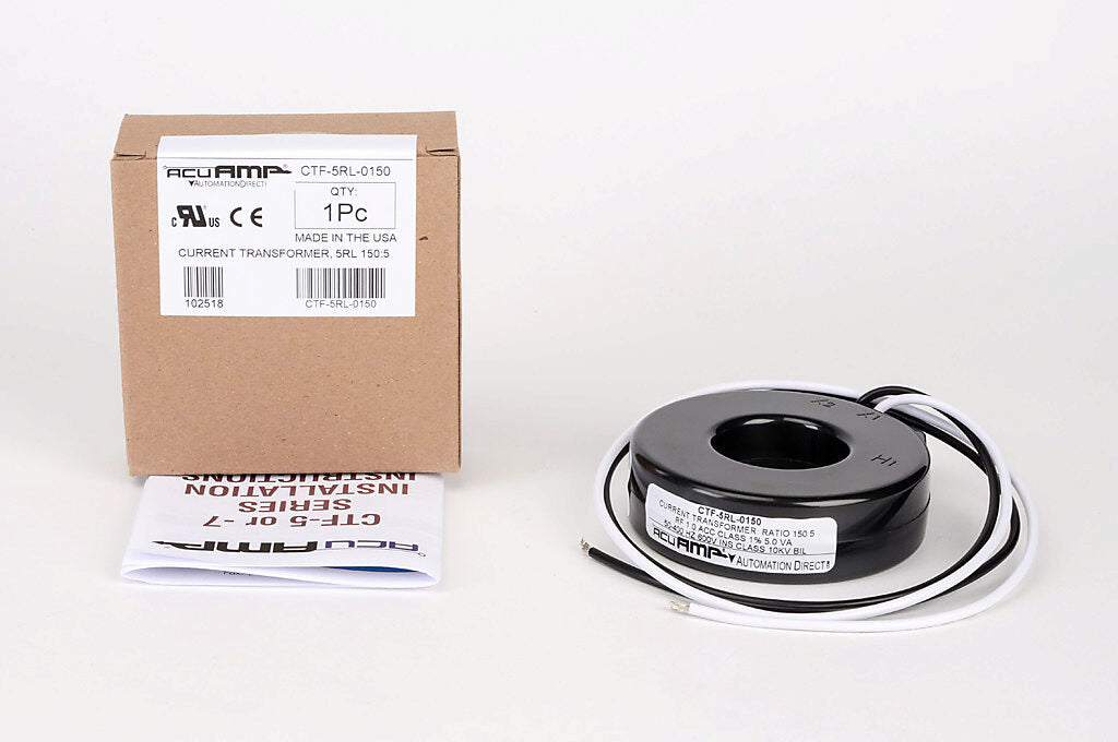 AcuAMP AC current transformer, solid core, 150A primary, 5A secondary, 1.56in diameter sensing window, 1% accuracy, (2) 24in 16AWG lead wires.-CTF-5RL-0150