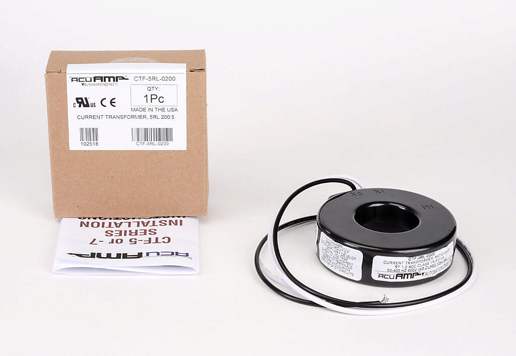 AcuAMP AC current transformer, solid core, 200A primary, 5A secondary, 1.56in diameter sensing window, 1% accuracy, (2) 24in 16AWG lead wires.-CTF-5RL-0200