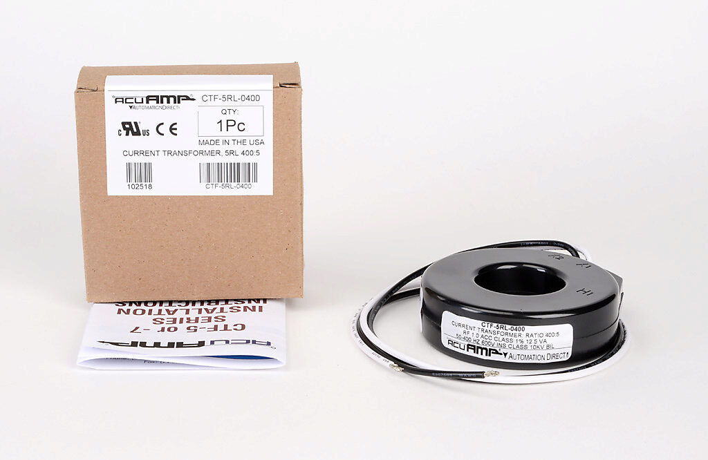 AcuAMP AC current transformer, solid core, 400A primary, 5A secondary, 1.56in diameter sensing window, 1% accuracy, (2) 24in 16AWG lead wires.-CTF-5RL-0400