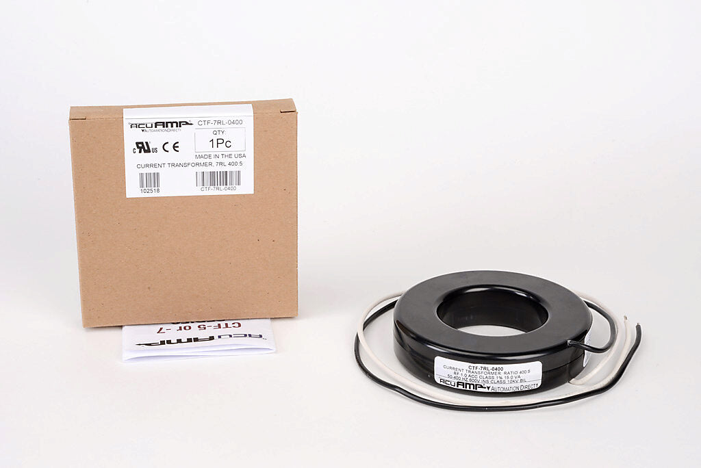 AcuAMP AC current transformer, solid core, 400A primary, 5A secondary, 2.5in diameter sensing window, 1% accuracy, (2) 24in 16AWG lead wires.-CTF-7RL-0400