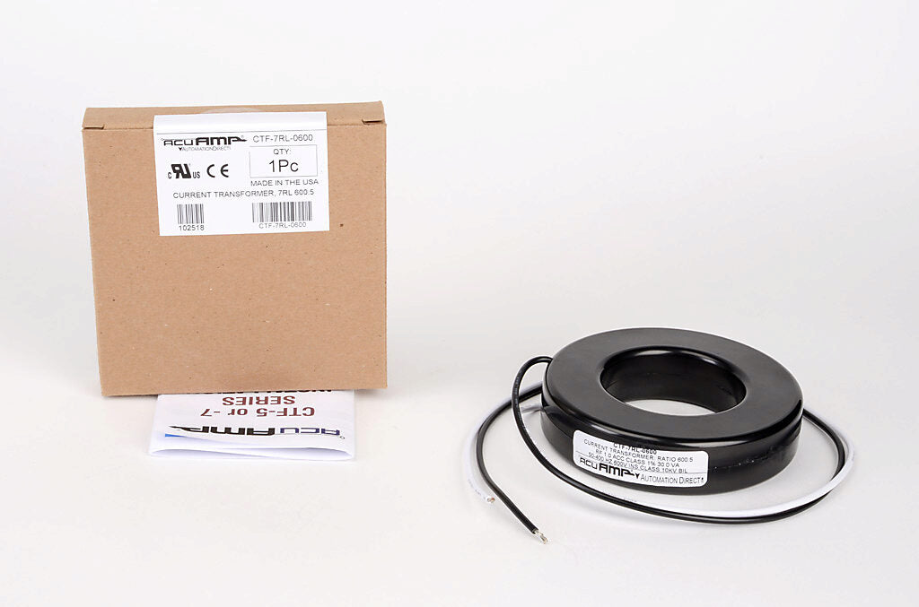 AcuAMP AC current transformer, solid core, 600A primary, 5A secondary, 2.5in diameter sensing window, 1% accuracy, (2) 24in 16AWG lead wires.-CTF-7RL-0600