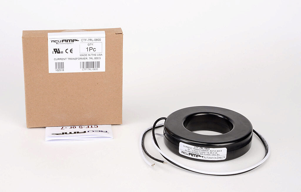 AcuAMP AC current transformer, solid core, 800A primary, 5A secondary, 2.5in diameter sensing window, 1% accuracy, (2) 24in 16AWG lead wires.-CTF-7RL-0800