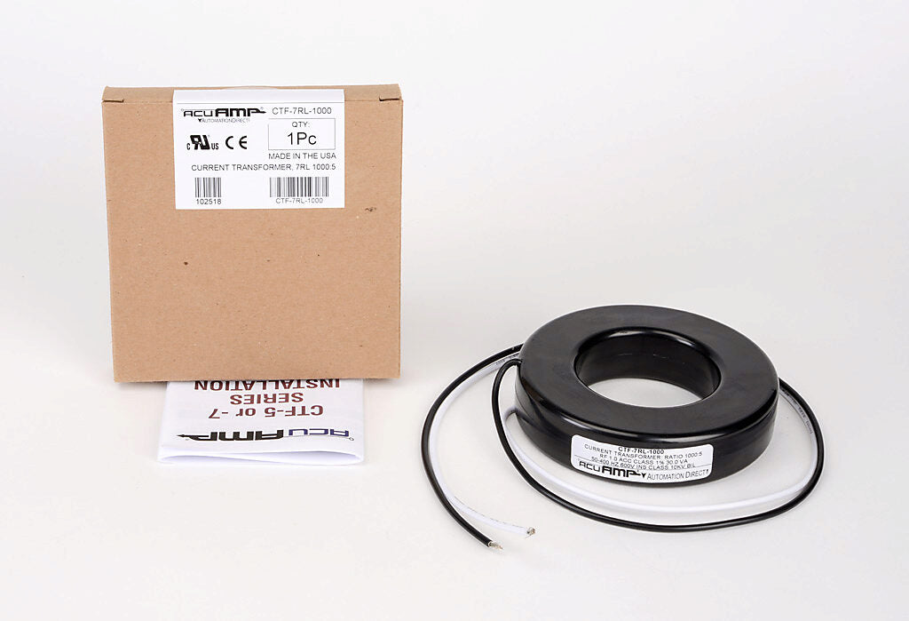AcuAMP AC current transformer, solid core, 1000A primary, 5A secondary, 2.5in diameter sensing window, 1% accuracy, (2) 24in 16AWG lead wires.-CTF-7RL-1000