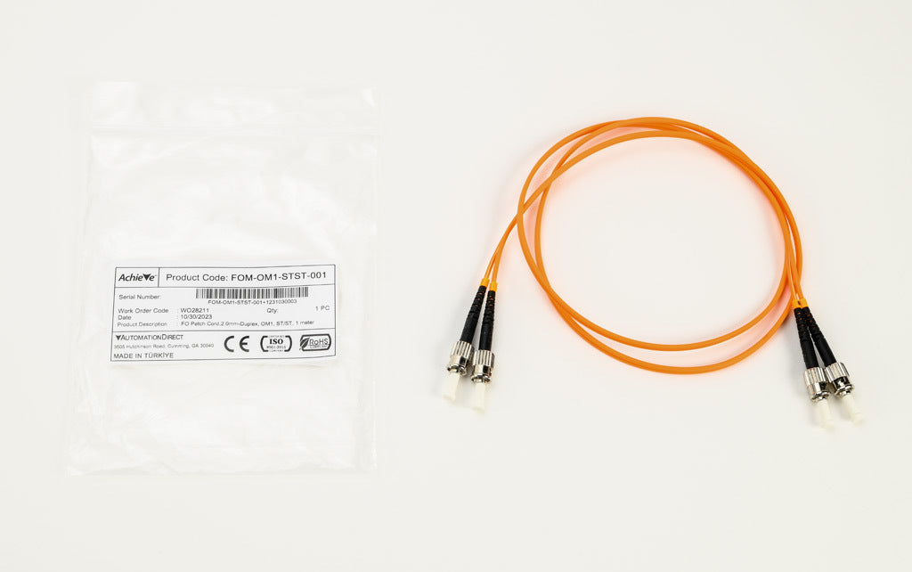 AchieVe OM1 multi-mode fiber optic Ethernet patch cable, ST duplex to ST duplex, 3.2ft/1m cable length, orange. For use with 10/100/1000 Mbps networks.-FOM-OM1-STST-001