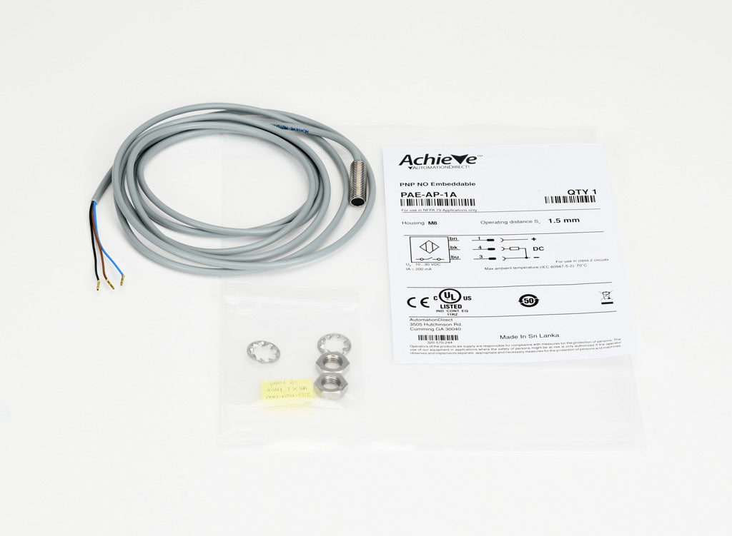 AchieVe inductive proximity sensor, tubular, 8mm diameter x 22mm body, 304 stainless steel housing, PNP, N.O. output, 1.5mm sensing distance, flush, 5 kHz switching frequency, IP67, pigtail.-PAE-AP-1A