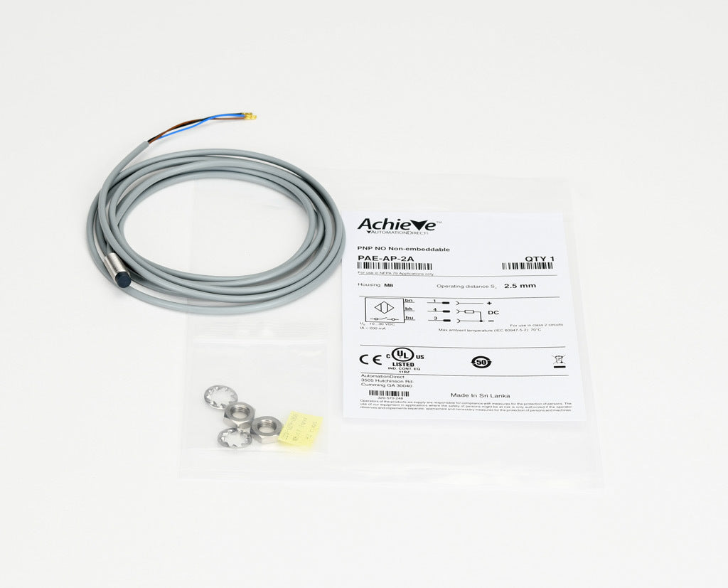 AchieVe inductive proximity sensor, tubular, 8mm diameter x 22mm body, 304 stainless steel housing, PNP, N.O. output, 2.5mm sensing distance, non-flush, 4.5 kHz switching frequency, IP67, pigtail.-PAE-AP-2A