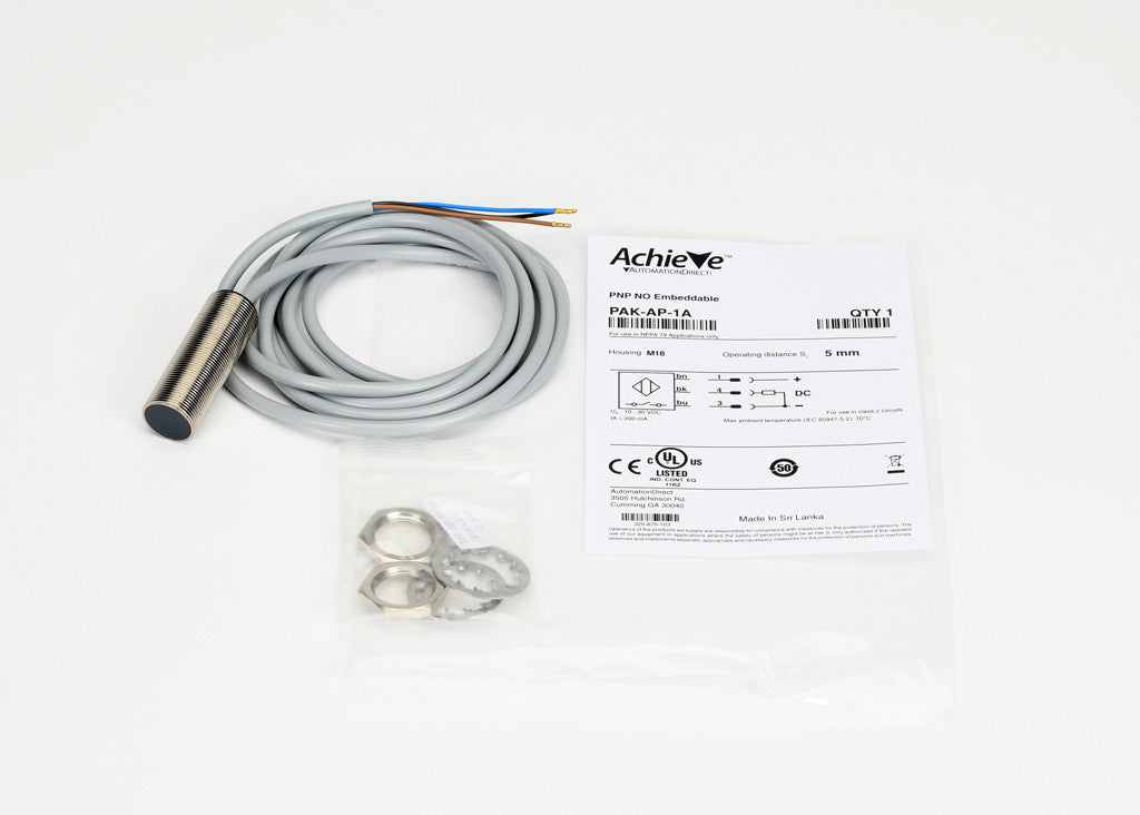 AchieVe inductive proximity sensor, tubular, 18mm diameter x 50mm body, nickel-plated brass housing, PNP, N.O. output, 5mm sensing distance, flush, 2 kHz switching frequency, IP67, pigtail.-PAK-AP-1A