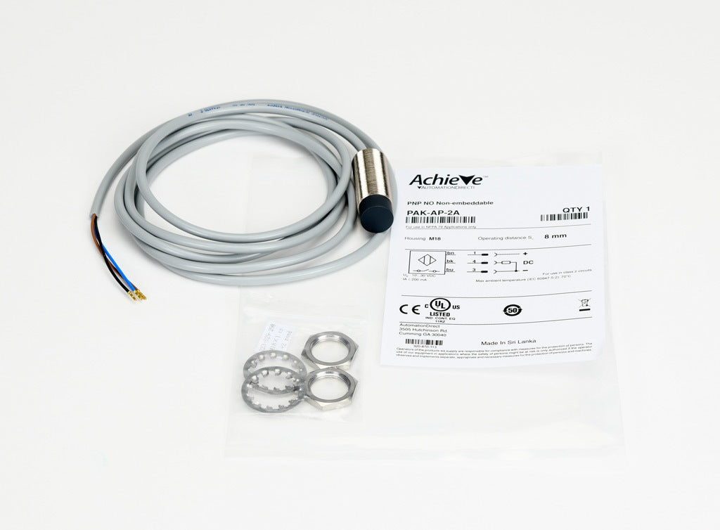 AchieVe inductive proximity sensor, tubular, 18mm diameter x 50mm body, nickel-plated brass housing, PNP, N.O. output, 8mm sensing distance, non-flush, 2 kHz switching frequency, IP67, pigtail.-PAK-AP-2A
