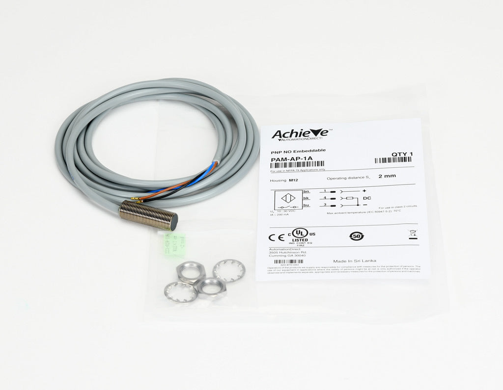 AchieVe inductive proximity sensor, tubular, 12mm diameter x 35mm body, nickel-plated brass housing, PNP, N.O. output, 2mm sensing distance, flush, 3 kHz switching frequency, IP67, pigtail.-PAM-AP-1A