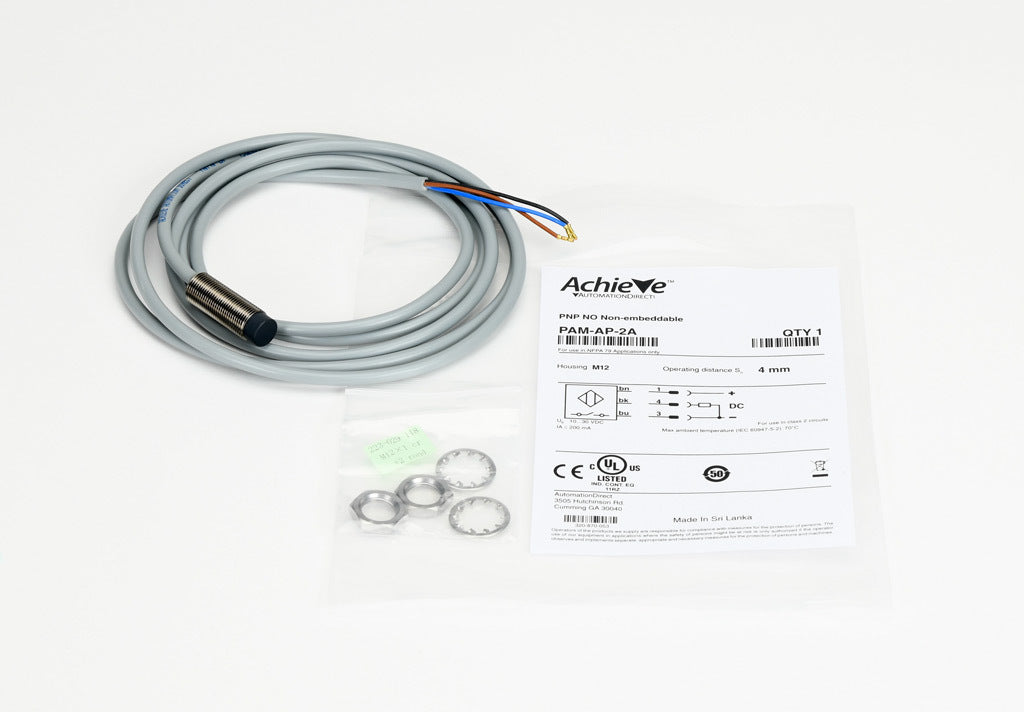 AchieVe inductive proximity sensor, tubular, 12mm diameter x 35mm body, nickel-plated brass housing, PNP, N.O. output, 4mm sensing distance, non-flush, 2 kHz switching frequency, IP67, pigtail.-PAM-AP-2A