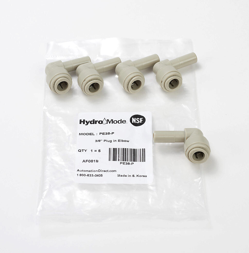 HydroMode potable water push-to-connect fitting, plug-in elbow, acetal body, (1) 3/8in plug-in to (1) 3/8in push-to-connect. Package of 5.-PE38-P