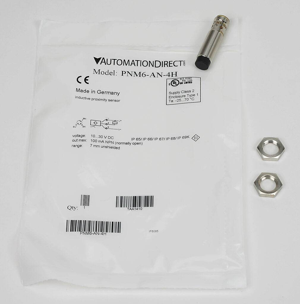 AutomationDirect inductive proximity sensor, tubular, 12mm diameter x 45mm body, bronze-plated brass housing, NPN, N.O. output, 7mm sensing distance, non-flush, 700 Hz switching frequency, IP65 IP66 IP67 IP68 IP69K, 4-pin M12 quick-disconnect.-PNM6-AN-4H