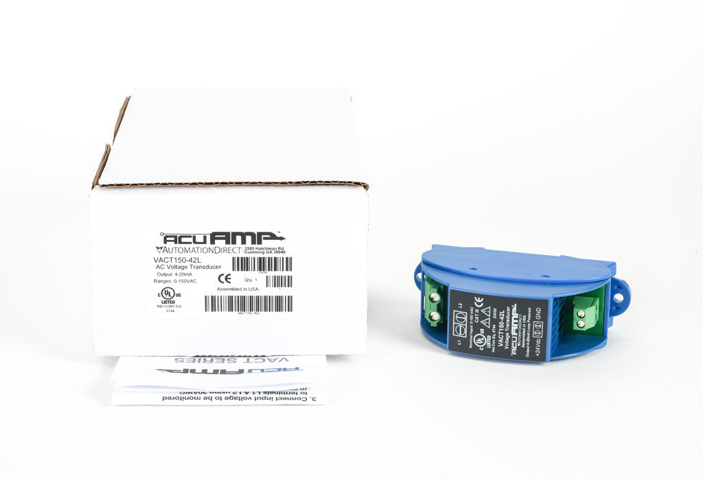 AcuAMP AC voltage transducer, 1-phase, 0-150 VAC sensing range, True RMS, 4-20 mA output, 22-40 VDC operating voltage.-VACT150-42L