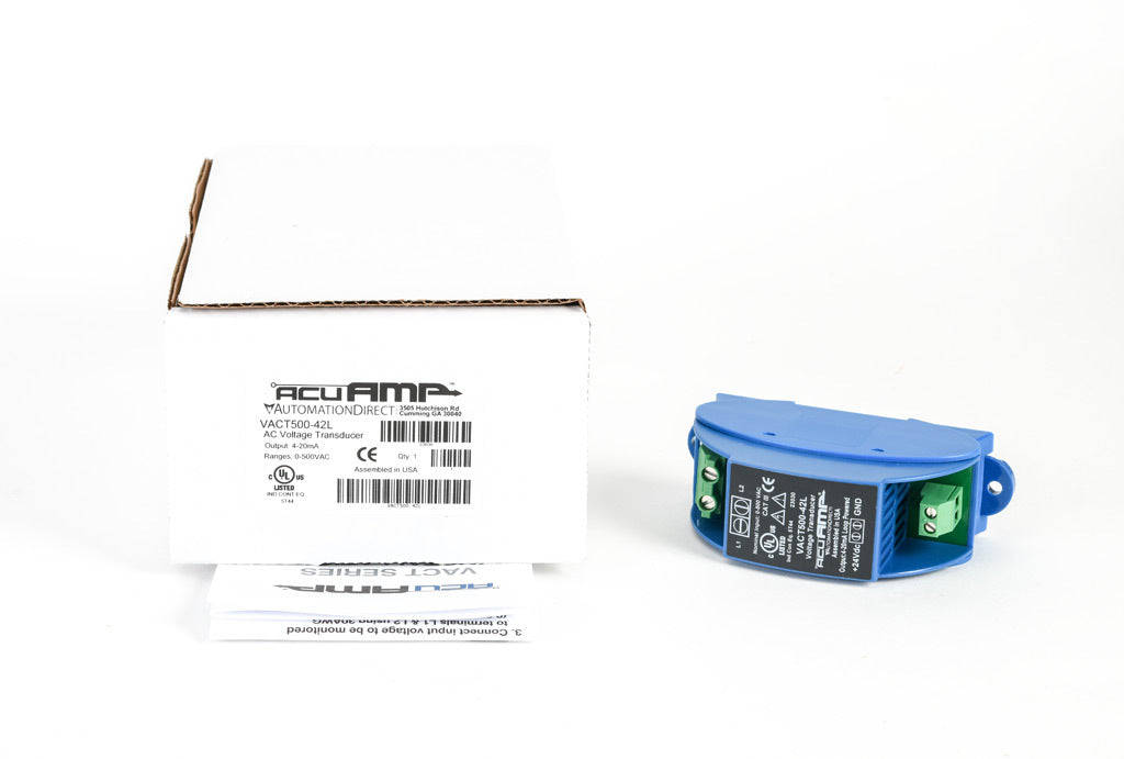 AcuAMP AC voltage transducer, 1-phase, 0-500 VAC sensing range, True RMS, 4-20 mA output, 22-40 VDC operating voltage.-VACT500-42L