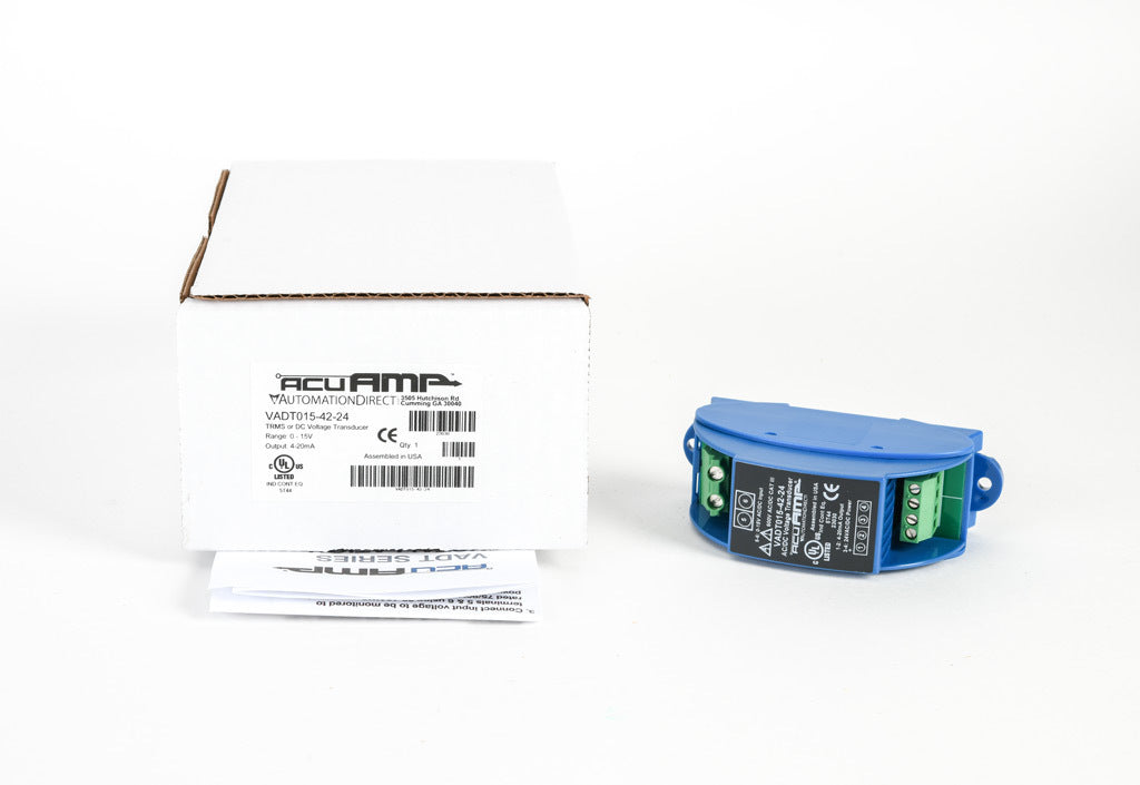 AcuAMP AC/DC voltage transducer, 1-phase, 0-15 VAC/VDC sensing range, True RMS, 4-20 mA output, 24 VAC/VDC operating voltage.-VADT015-42-24