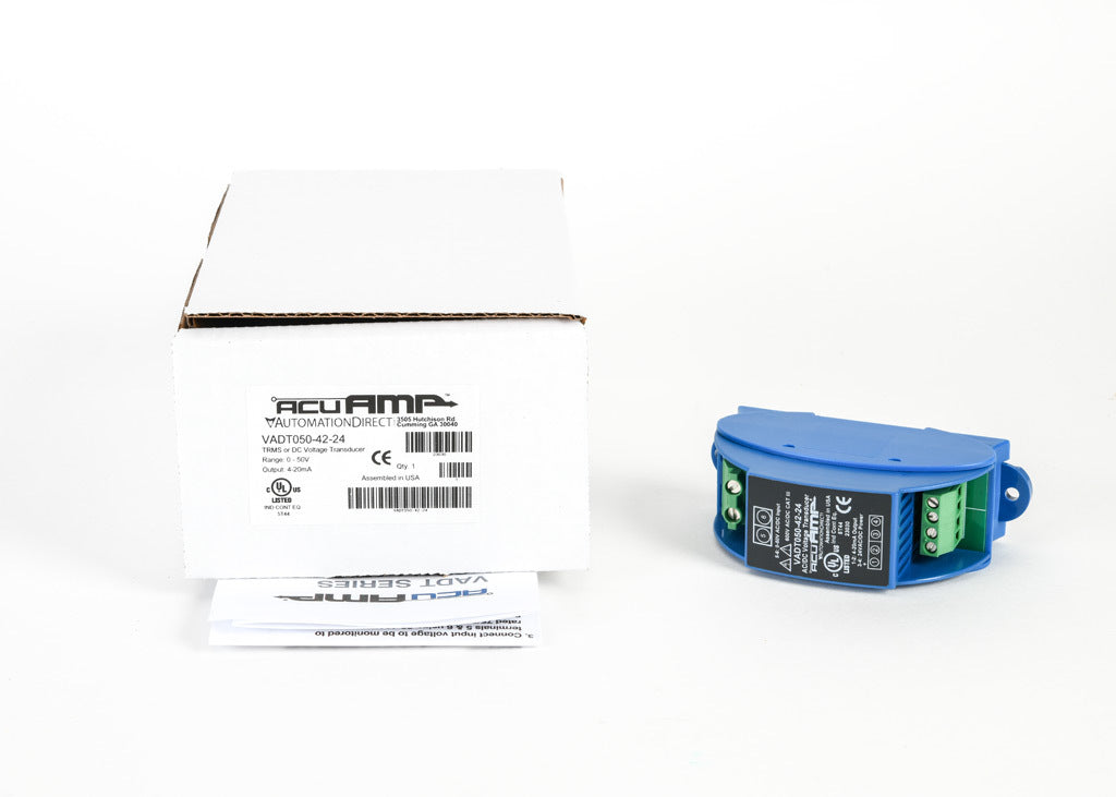 AcuAMP AC/DC voltage transducer, 1-phase, 0-50 VAC/VDC sensing range, True RMS, 4-20 mA output, 24 VAC/VDC operating voltage.-VADT050-42-24