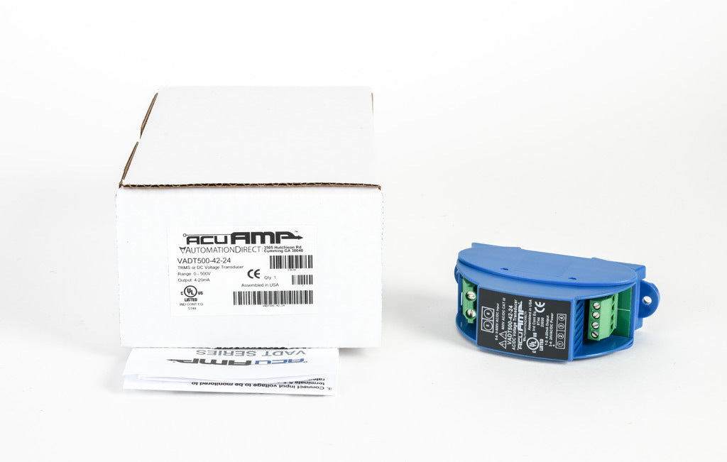 AcuAMP AC/DC voltage transducer, 1-phase, 0-500 VAC/VDC sensing range, True RMS, 4-20 mA output, 24 VAC/VDC operating voltage.-VADT500-42-24