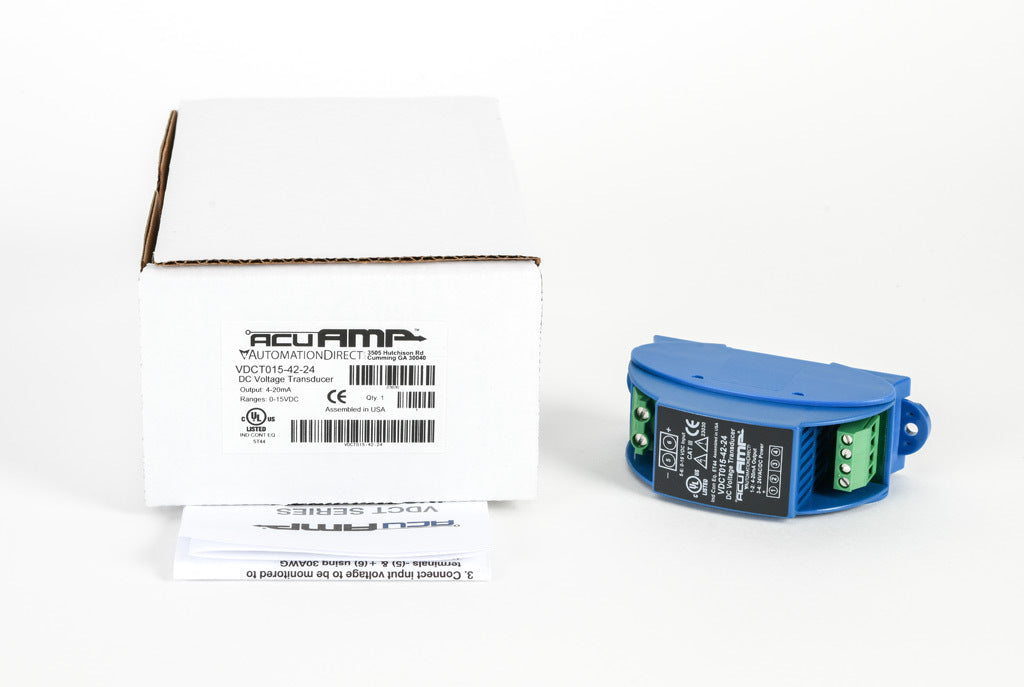 AcuAMP DC voltage transducer, 0-15 VDC sensing range, 4-20 mA output, 24 VAC/VDC operating voltage.-VDCT015-42-24