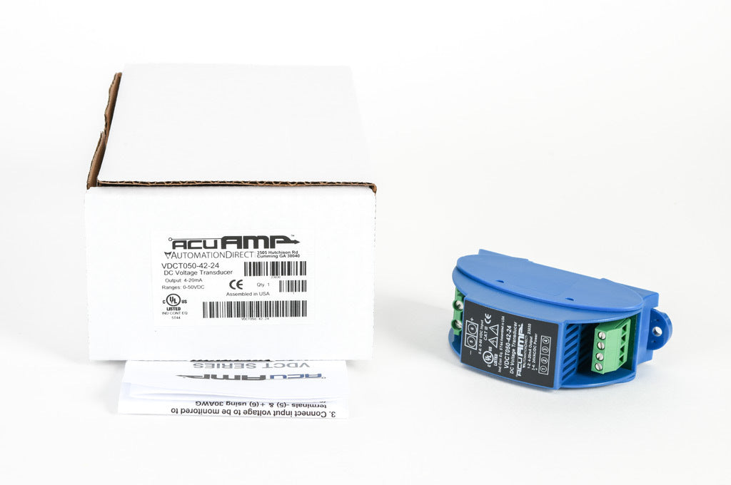AcuAMP DC voltage transducer, 0-50 VDC sensing range, 4-20 mA output, 24 VAC/VDC operating voltage.-VDCT050-42-24